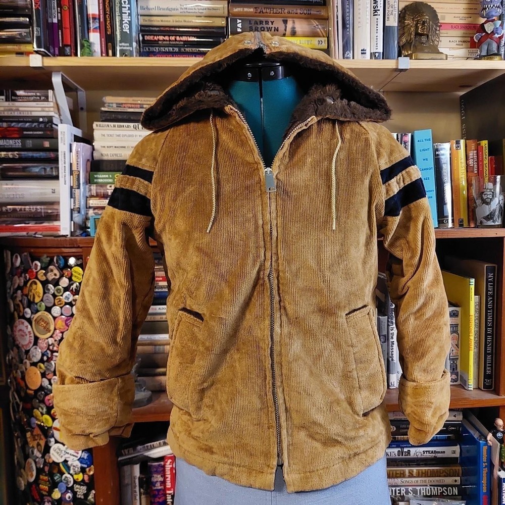 Vintage William Barry 70s Corduroy Faux Fur Lined Hooded Jacket Tan Black‎ XXS